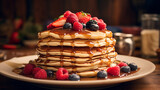 delicious pancake with fresh raspberries and blue berries