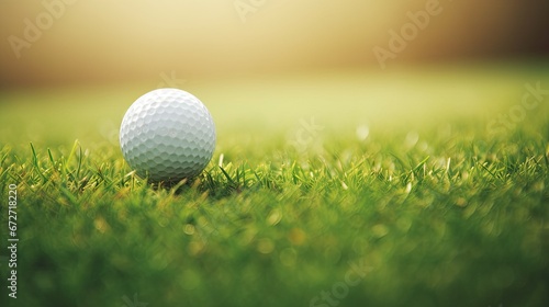 Close up golf ball on green grass field. sport golf club. 
