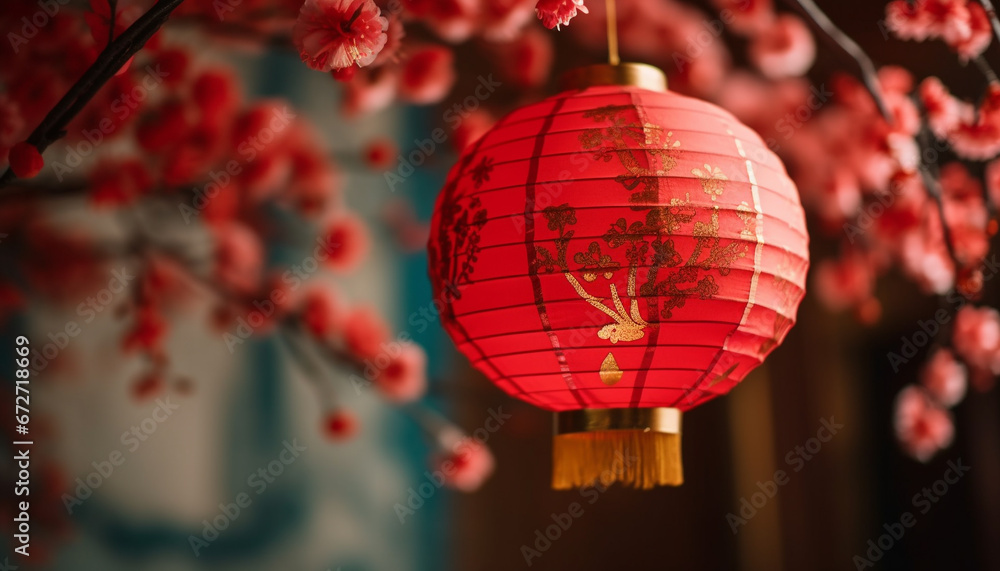 Obraz premium Ornate paper lanterns illuminate traditional Chinese celebration in Chinatown generated by AI