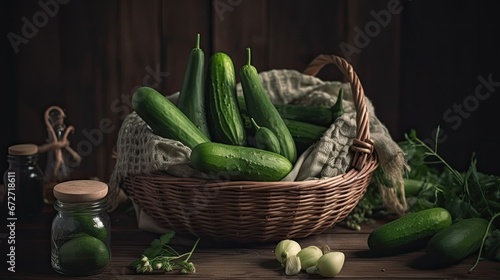 Wallpaper Mural Cucumbers in a basket and garlic on a wooden table, village harvest, homemade pickling recipe, Cucumbers and ingredients for pickling them, home canning concept, healthy and natural food.
 Torontodigital.ca