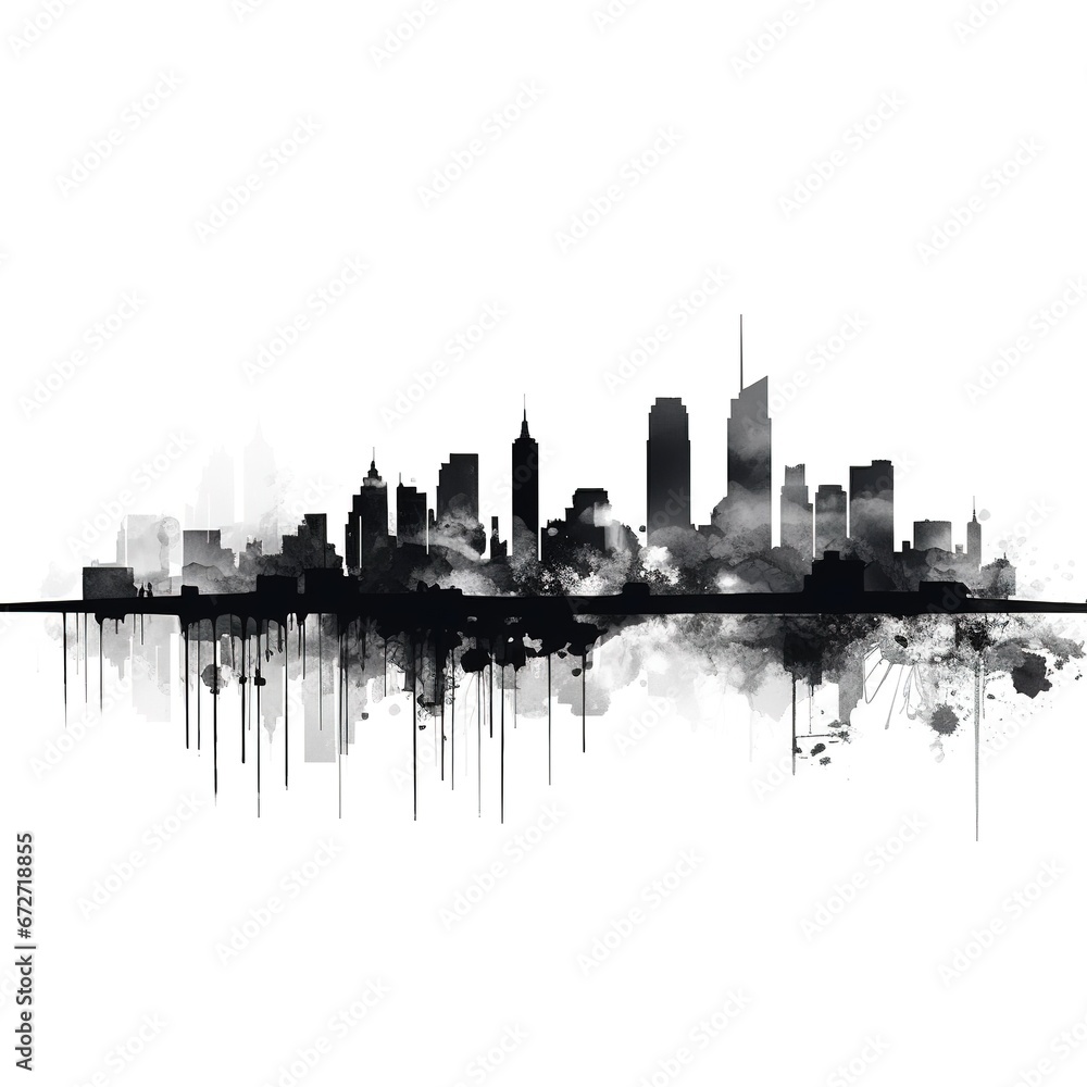 The silhouette of a city on a white background, flat design. Cityscape skyline on black and white, vector. Minimalist style horizont made with shadow