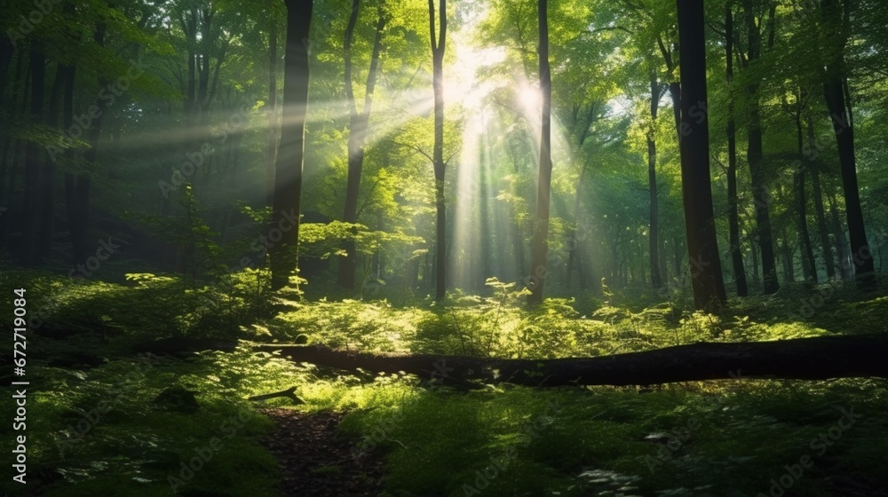 Beautiful rays of sunlight in a green forest.Generative AI