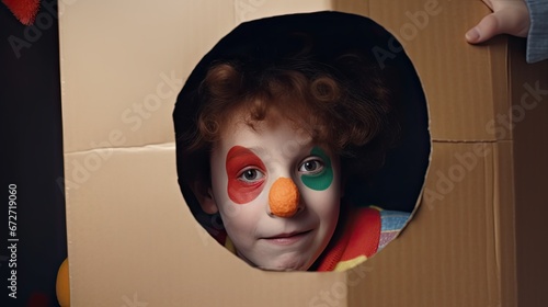 Funny kid clown looking through hole on cardboard. Child playing at home. 1 April Fool's day concept. Copy space. 