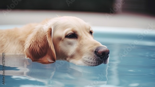 Funny photo of lazy little golden retriever labrador puppy lying and relaxing in water at swimming pool side. Training dogs, funny games and activities with family pet on summer holidays and weekends.