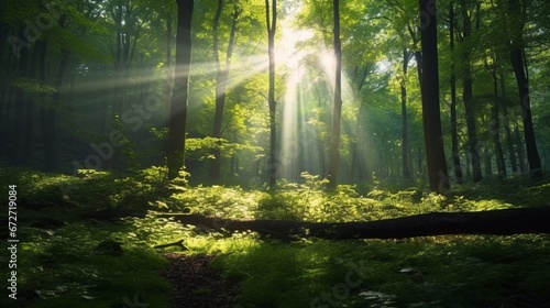 Beautiful rays of sunlight in a green forest.Generative AI
