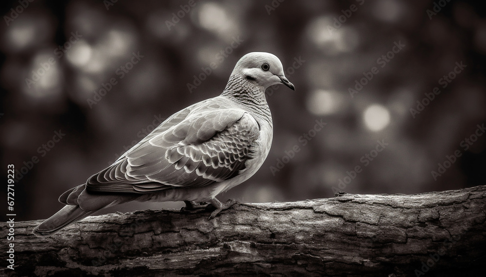 One bird, perching on branch, looking at camera, tranquility generated by AI One bird, perching on branch, looking at camera, tranquility generated by AI