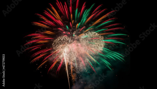 Explosive celebration ignites vibrant firework display, illuminating dark night sky generated by AI