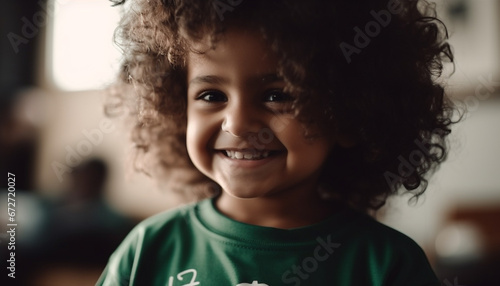 A joyful mixed race child with curly hair smiling for portrait generated by AI