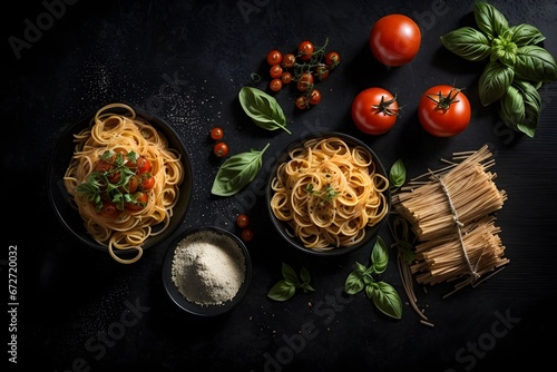 Top view pasta food banner background. Generative AI.