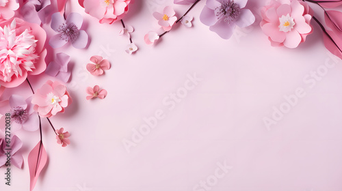 Banner with flowers on light pink background. Greeting card template for Wedding, mothers or womans day. Springtime composition with copy space