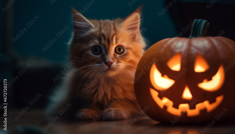 A spooky Halloween pumpkin lantern with a cute kitten inside generated by AI A spooky Halloween pumpkin lantern with a cute kitten inside generated by AI