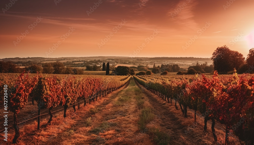 Sunset over vineyard in tranquil Napa Valley, harvesting autumn grapes generated by AI Sunset over vineyard in tranquil Napa Valley, harvesting autumn grapes generated by AI
