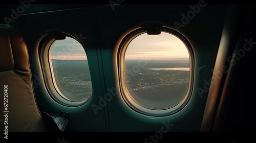 Seat airplane and window view inside an aircraft. Monitor & window on plane. 