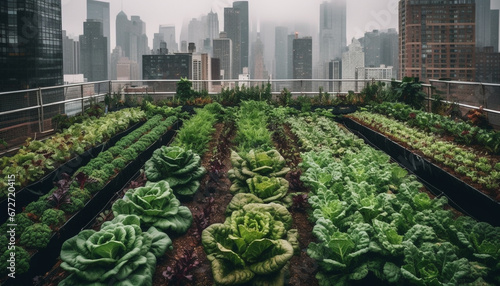 Fresh vegetable salad in modern greenhouse with city skyline background generated by AI