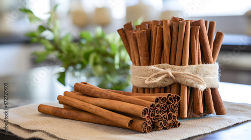 burlap-tied cinnamon sticks on a kitchen countertop, copy space photo