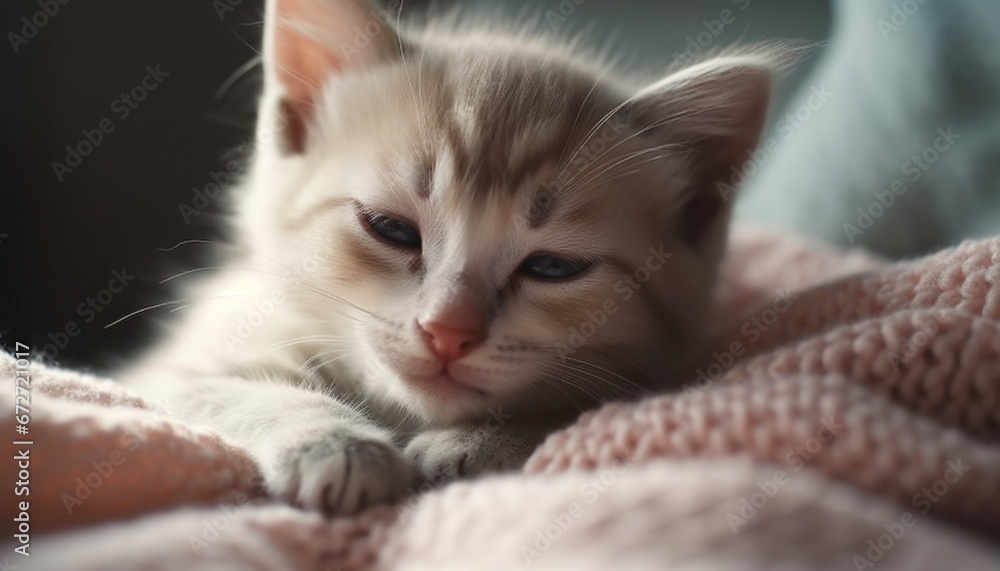 Cute kitten sleeping on bed, staring with playful charm generated by AI