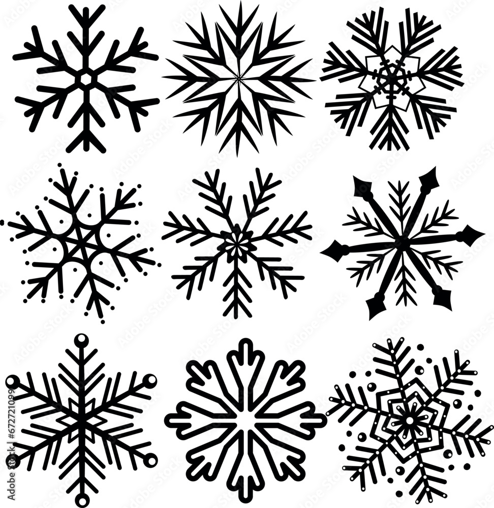 Set of vector snowflakes, isolated figures of Christmas snowflakes on a white background