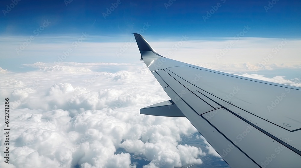 Wing of modern aircraft flying in cloudy blue sky during trip.
