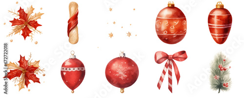赤のクリスマスオーナメントの水彩風イラスト