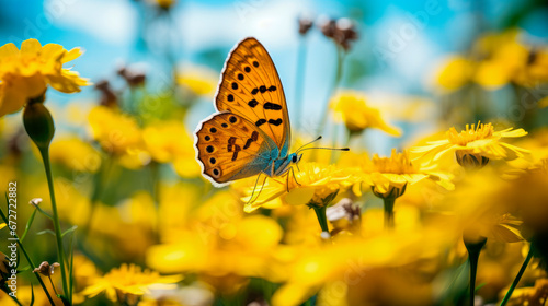 Beautiful butterfly on a yellow flower in nature outdoors © graja