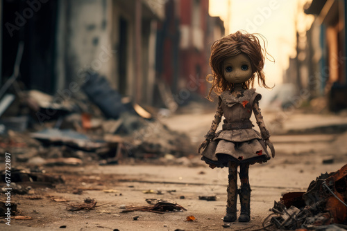 Frightened dirty doll standing on a street of War destroyed city. War and children concept. AI generated