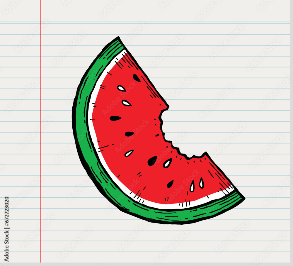 Hand drawn Slice of watermelon on white paper background Hand drawn Slice of watermelon on white paper background