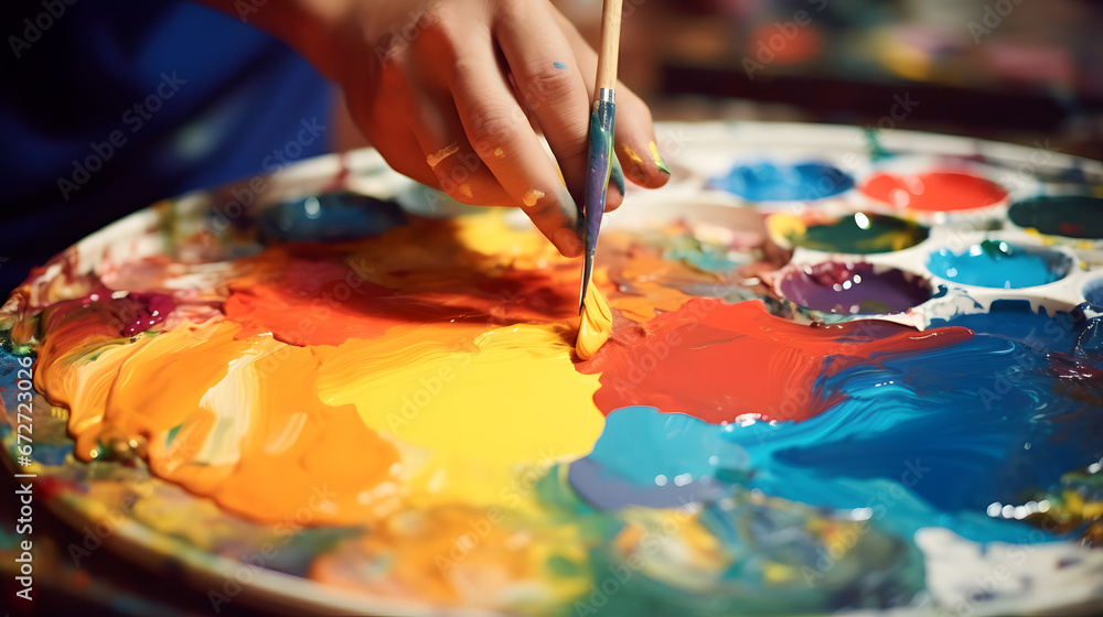 Obraz premium artist brush mix color oil painting on palette is holding in his hand closeup, artist painting with brush