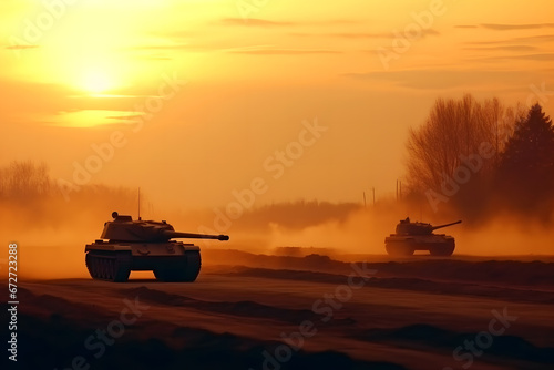 Group of main battle tanks with a city on fire on the background. One tank firing a shell from the barrel. Military or army special operation. Neural network AI generated art