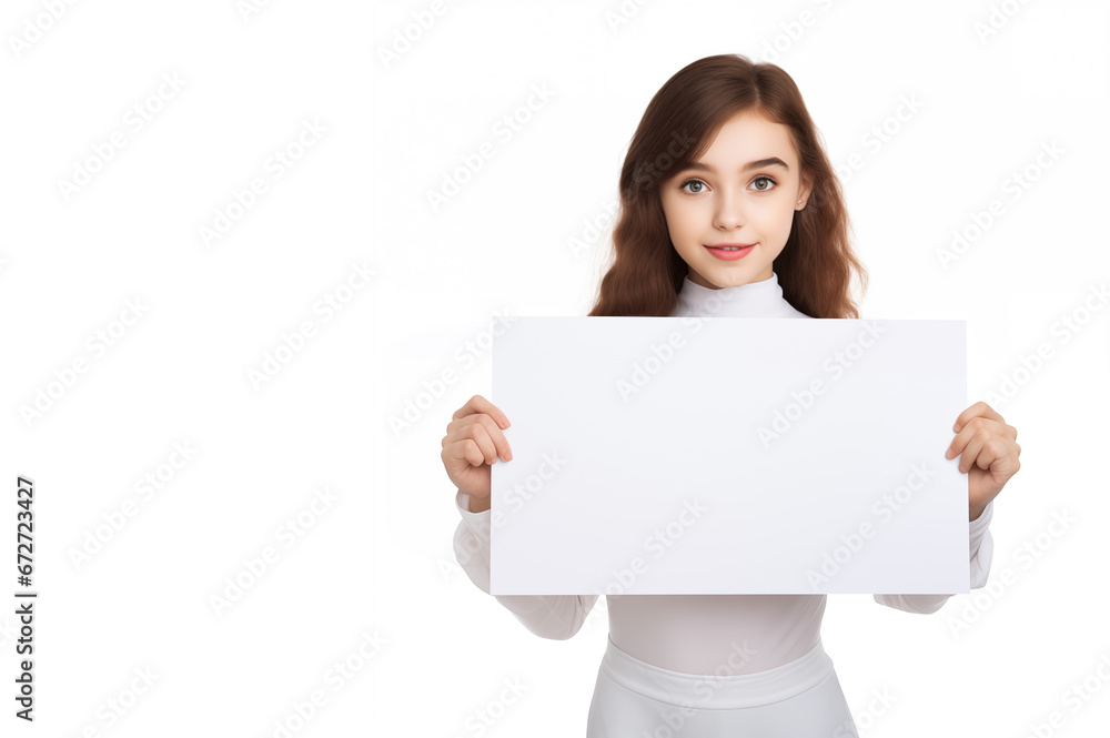 Beautiful woman holding a blank billboard isolated on white background Beautiful woman holding a blank billboard isolated on white background