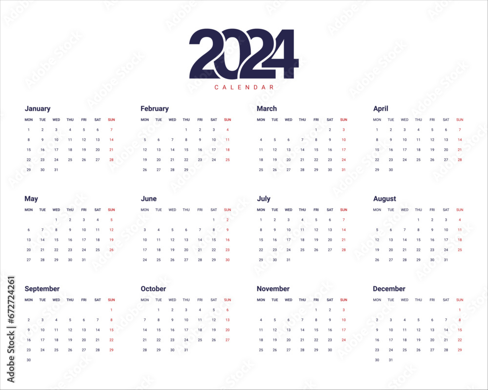 2024 calendar vector editable. Monthly calendar template for the year