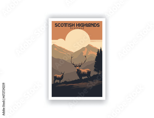 The Scottish Highlands, Scotland. Vintage Travel Posters. Vector art. Famous Tourist Destinations Posters Art Prints Wall Art and Print Set Abstract Travel for Hikers Campers Living Room Decor