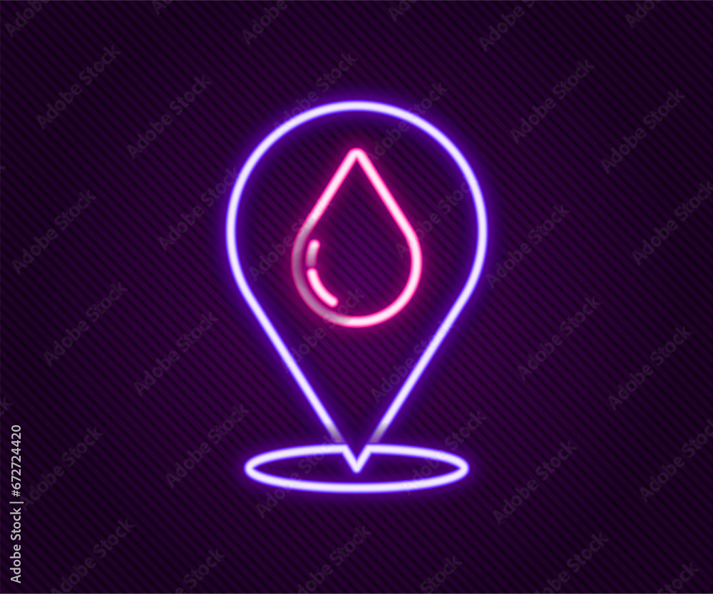 Glowing neon line Water drop with location icon isolated on black background. Colorful outline concept. Vector Glowing neon line Water drop with location icon isolated on black background. Colorful outline concept. Vector