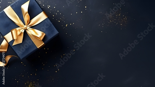 dark blue gift box with gold satin ribbon on dark background.space for copy, birthday gift,holiday , Christmas