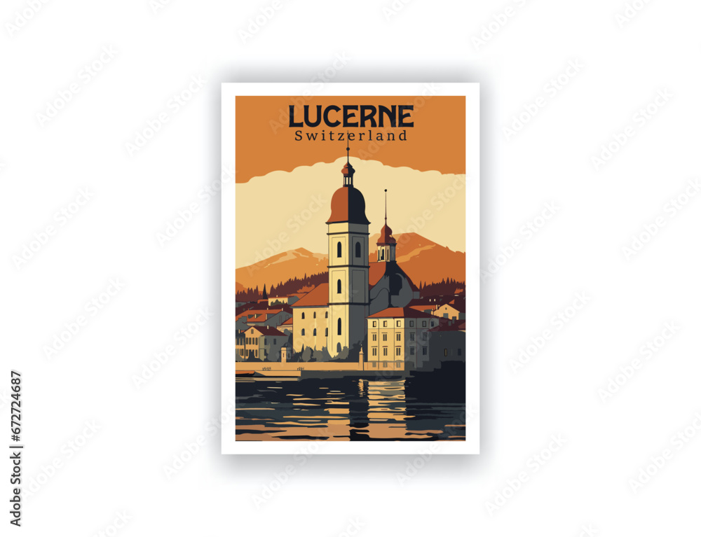 Lucerne, Switzerland. Vintage Travel Posters. Vector art. Famous Tourist Destinations Posters Art Prints Wall Art and Print Set Abstract Travel for Hikers Campers Living Room Decor