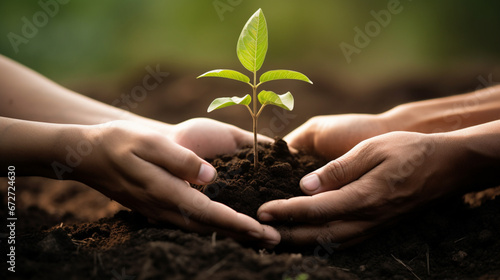 Hands together holding small plant in fertile soil. hand holding small tree sunlight. generative ai