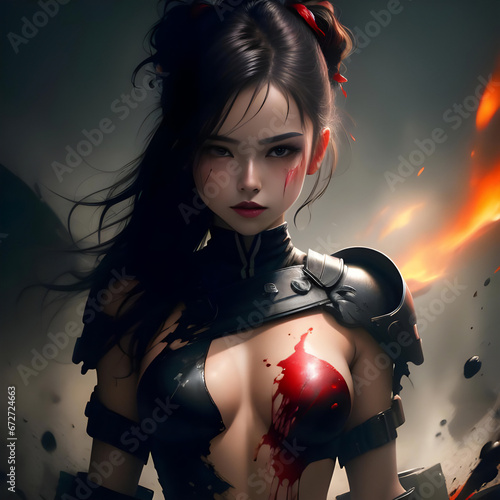 Demon girl, in military uniform against the background of smoke, sparks,