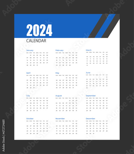 Monthly calendar template design for 2024 year