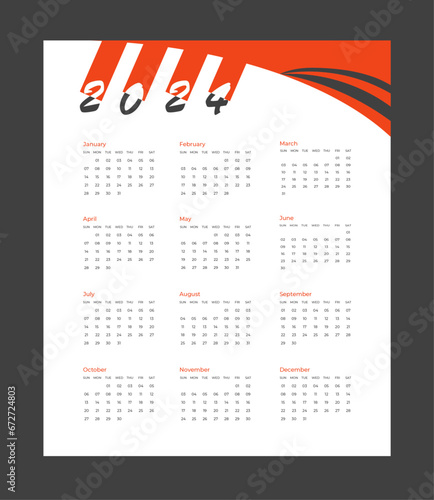 Monthly calendar template for 2024 year. Editable calendar 2024. Wall calendar design minimalist style.