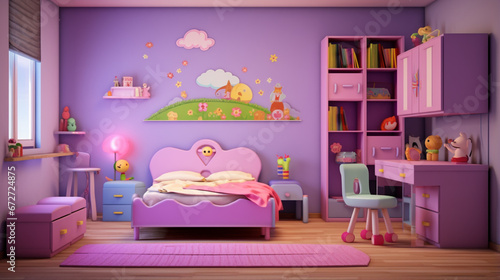 Interior of colorful bedroom for child girl. Cute child room interior with beautiful. generative ai