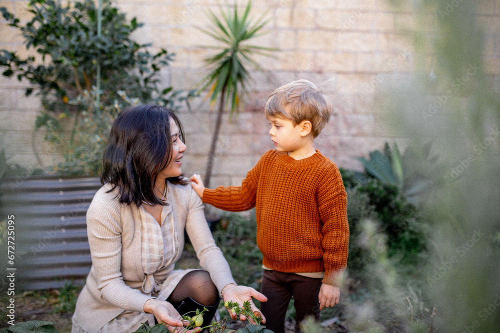 Young boy and mother working in backyard garden together Young boy and mother working in backyard garden together