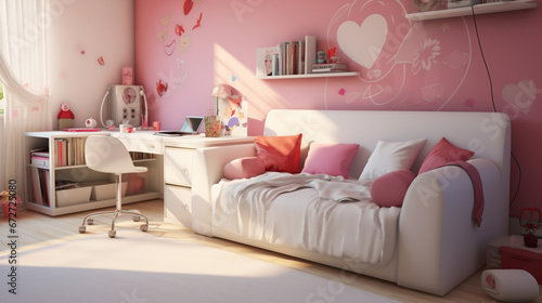 Interior of teenage girl room with sofa. Blue and rose furniture in girl room. generative ai