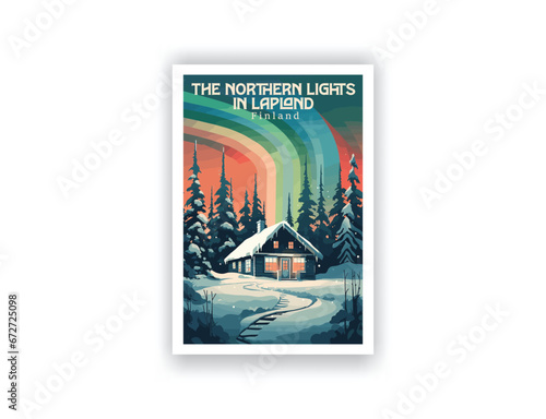 The Northern Lights in Lapland, Finland. Vintage Travel Posters. Vector art. Famous Tourist Destinations Posters Art Prints Wall Art and Print Set Abstract Travel for Hikers Campers Living Room Decor