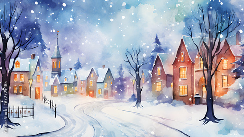 watercolor village santa, Winter or Christmas landscape, fairy tale town, colorful tale houses,. Wonderland, Christmas village , Winter Holidays. New Year