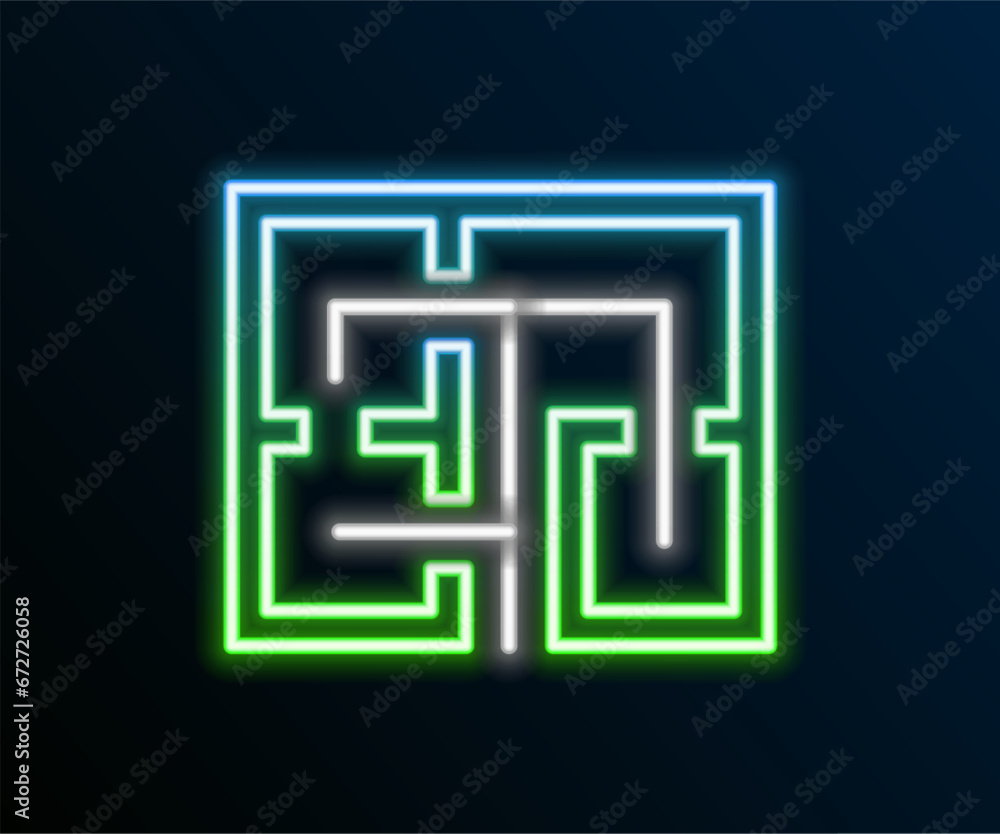 Glowing neon line Evacuation plan icon isolated on black background. Fire escape plan. Colorful outline concept. Vector Glowing neon line Evacuation plan icon isolated on black background. Fire escape plan. Colorful outline concept. Vector