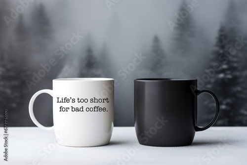mug with drinks and steam on grey background. coffee mood and quote, inspirational concept. cope space