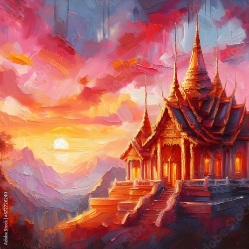 Temple picture painted with oil paints  When looking at the temple during the sun It s about to set.