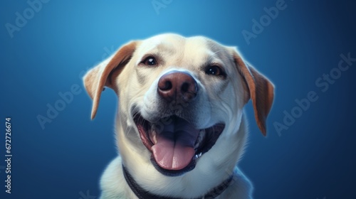 Cute portrait of happy labrador dog with opened mouth on Isolated blue background