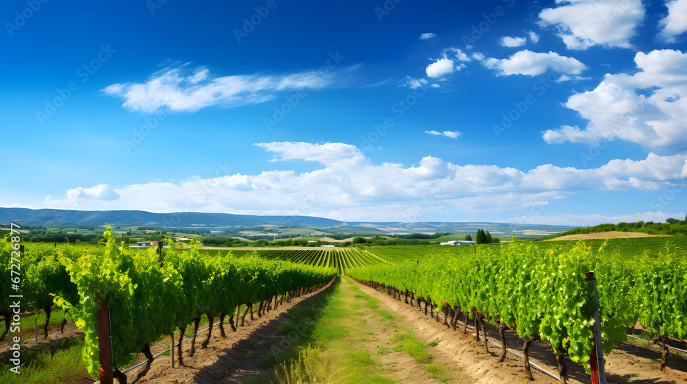 Vineyards at sunny day in autumn harvest. Ripe grapes in fall.