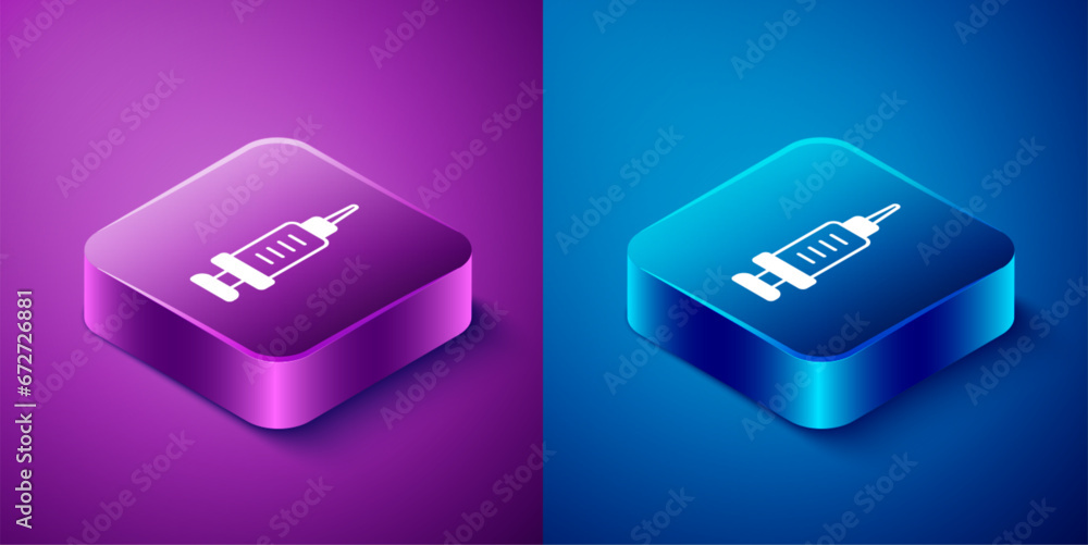Isometric Addiction to the drug icon isolated on blue and purple background. Heroin, narcotic, addiction, illegal. Sick junkie with a syringe and medical pills. Square button. Vector Isometric Addiction to the drug icon isolated on blue and purple background. Heroin, narcotic, addiction, illegal. Sick junkie with a syringe and medical pills. Square button. Vector