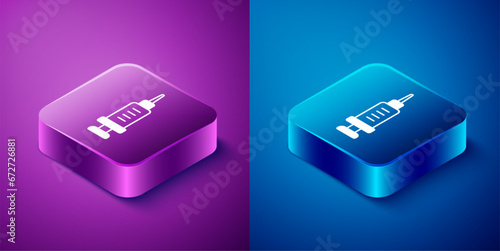 Isometric Addiction to the drug icon isolated on blue and purple background. Heroin, narcotic, addiction, illegal. Sick junkie with a syringe and medical pills. Square button. Vector
